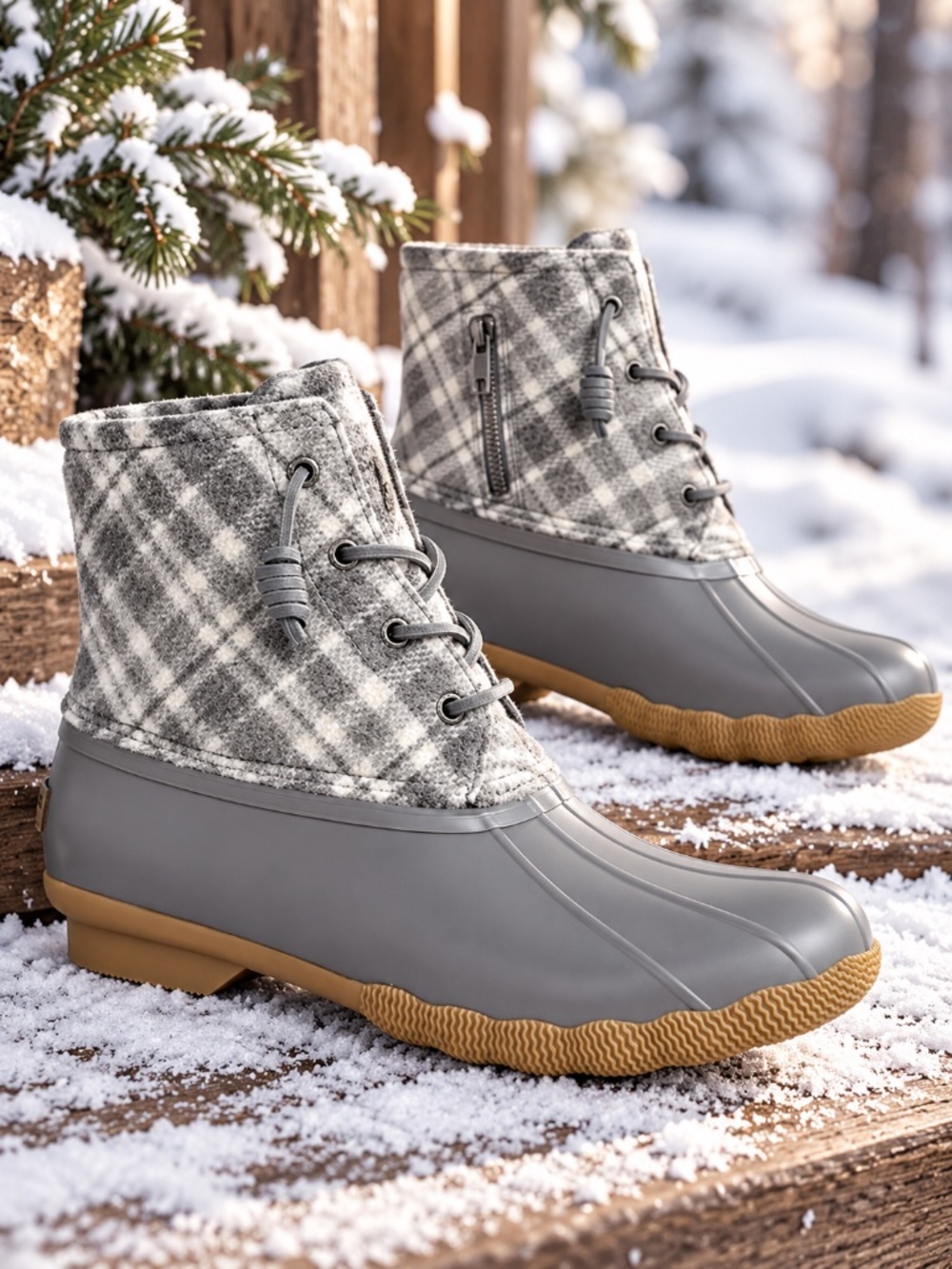 Sperry Saltwater Duck Boots Womens Gray Wool Plaid Waterproof Winter NWOB